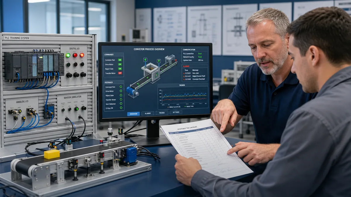 Generated editorial scene of an instructor and learner reviewing a PLC conveyor trainer, SCADA overview, alarms, trend and acceptance checklist