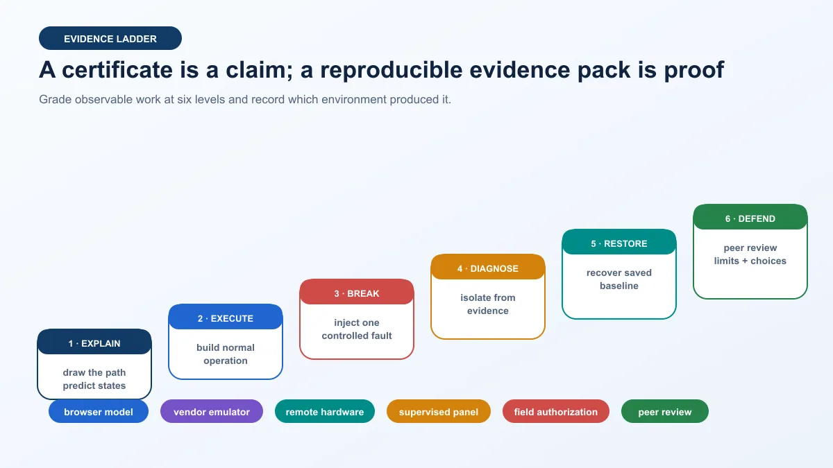 Deterministic training evidence ladder progressing from explaining and executing to fault injection, diagnosis, restoration and peer defense across several lab environments