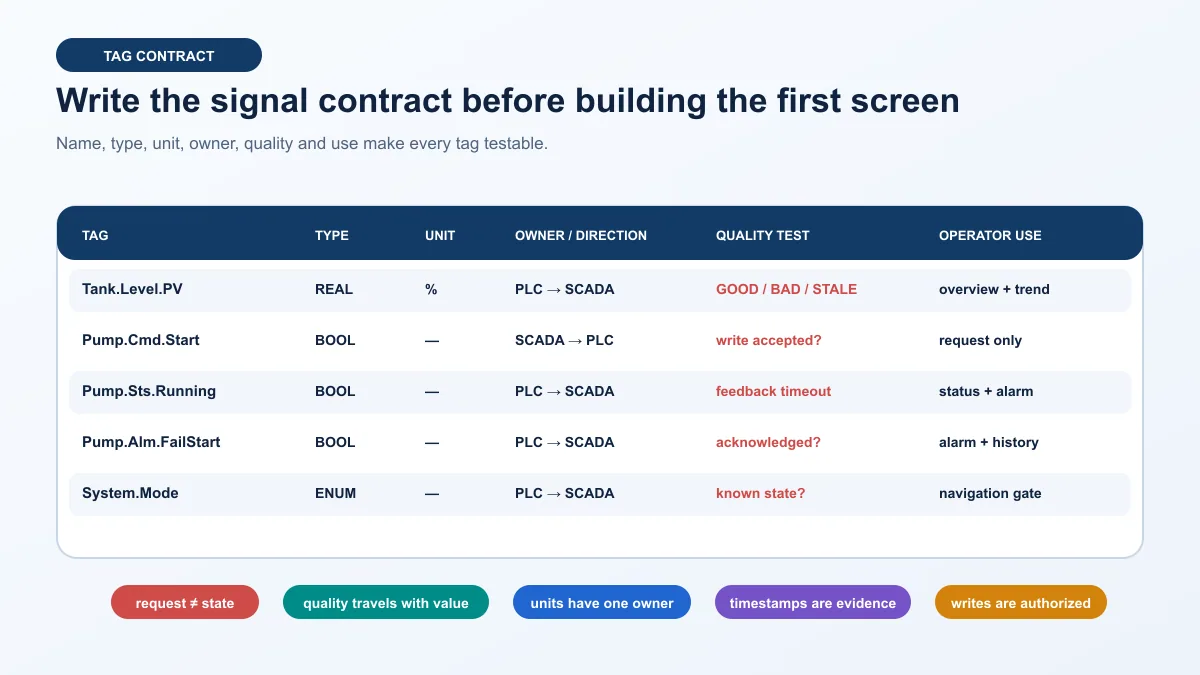 Deterministic PLC to SCADA tag contract listing example process values, commands, feedback, alarms and modes with type, unit, owner, quality and operator use