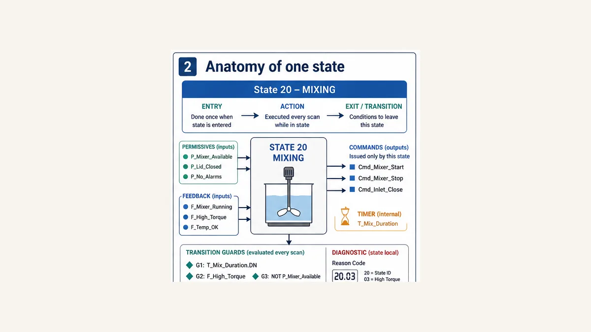 Anatomy of PLC Mixing state with entry action commands feedback permissives timer transition guards and diagnostic reason