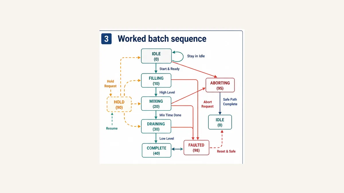 PLC batch state diagram from Idle Filling Mixing Draining and Complete with Hold Aborting Faulted and controlled recovery paths