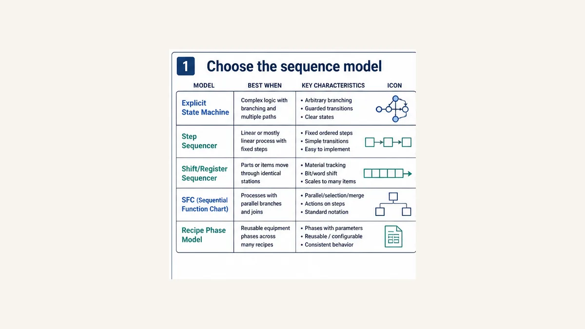 Decision map comparing explicit PLC state machine step sequencer shift register sequencer sequential function chart and recipe phase model