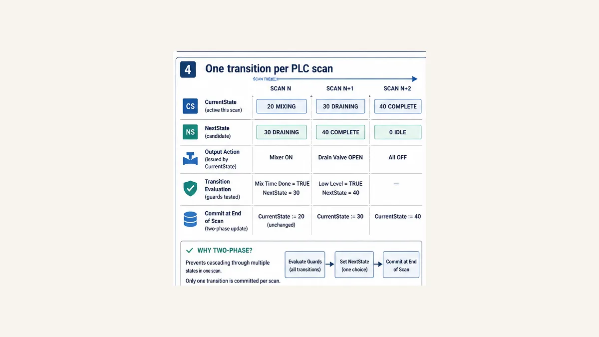 Scan by scan PLC timeline showing CurrentState NextState outputs guard evaluation and end of scan transition commit