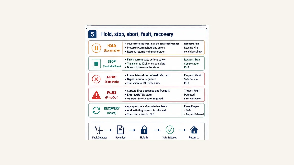 PLC sequence policy map distinguishing hold stop abort first out fault and controlled recovery reset