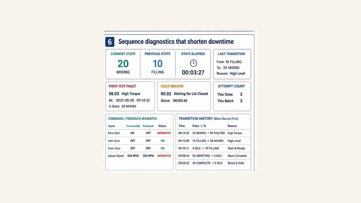 PLC sequence diagnostic dashboard with current previous state elapsed time last transition first out fault hold reason attempt count command feedback mismatch and history