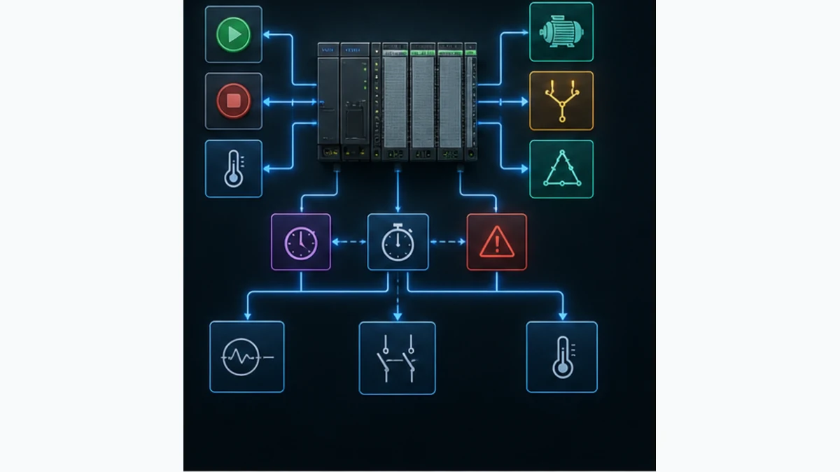 Conceptual PLC signal contract connecting start stop and overload inputs to main star delta commands timers and feedback