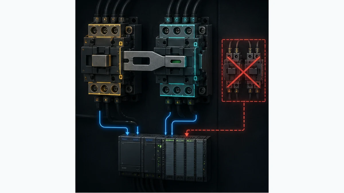 Conceptual mechanical interlock and PLC feedback architecture blocking simultaneous star and delta contactor closure