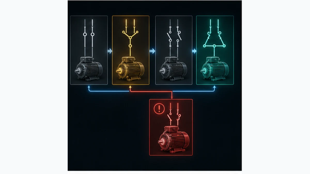 Conceptual stopped, star, open-transition and delta motor states with a separate fault branch