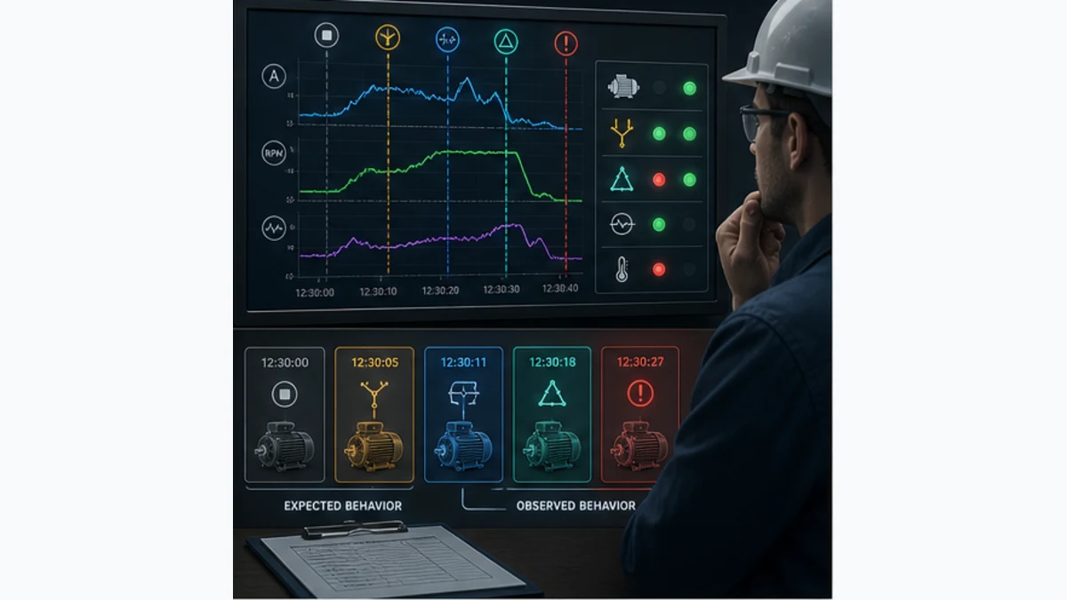 Technician comparing motor current speed and contactor feedback timestamps for a star-to-delta transition incident
