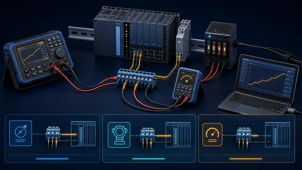 PLC analog input validation with loop calibrator terminal block observer meter input module and rising software trend