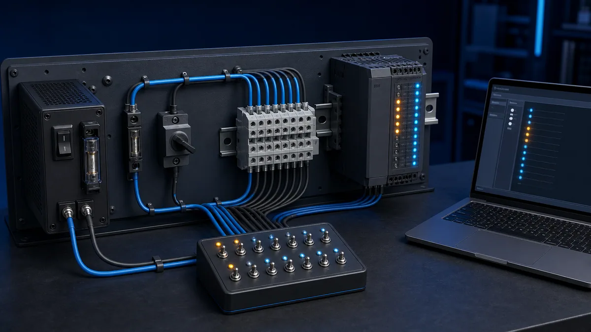 Fused low-voltage PLC digital input test bench with switch signal box terminals input LEDs and monitored states
