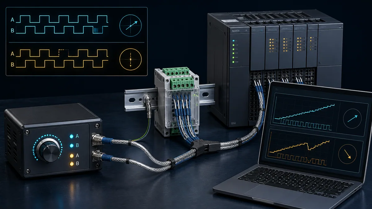 Encoder pulse simulator driving isolated PLC high-speed inputs with healthy quadrature and missing-pulse traces