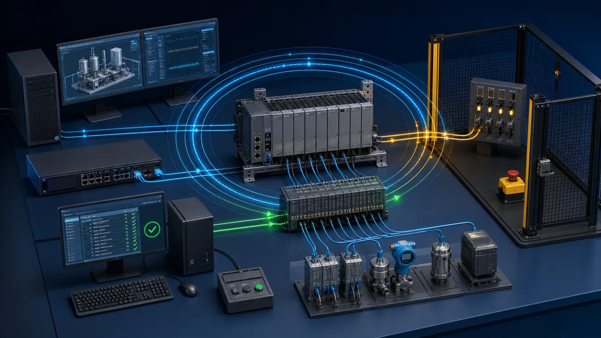 Hardware-in-loop PLC rig with real controller deterministic IO real-time plant model automated tests and interlocked fault injection