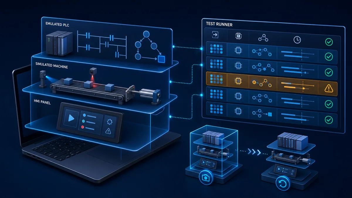Software-in-loop test with emulated PLC simulated conveyor HMI test runner and snapshot restore states