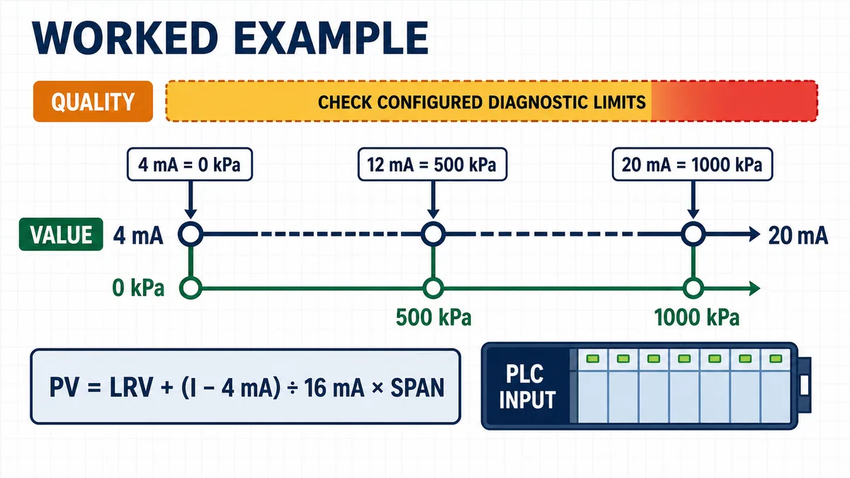 Worked linear 4 to 20 milliamp PLC scaling example mapping 0 to 1000 kilopascals with separate value and quality handling