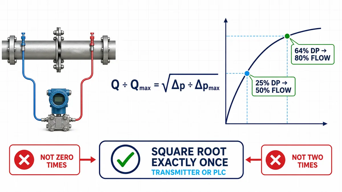 Differential pressure flow square-root relation with 25 percent DP giving 50 percent flow and 64 percent DP giving 80 percent flow