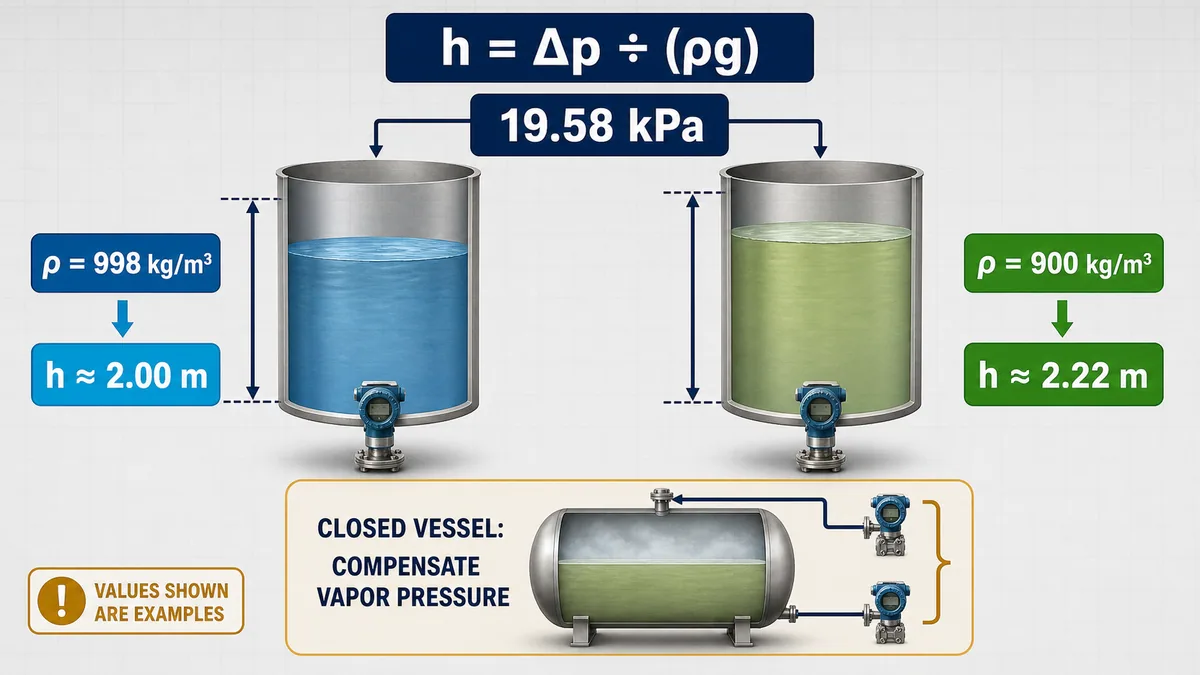 Hydrostatic level example showing the same 19.58 kilopascal pressure gives different heights for densities 998 and 900 kilograms per cubic metre