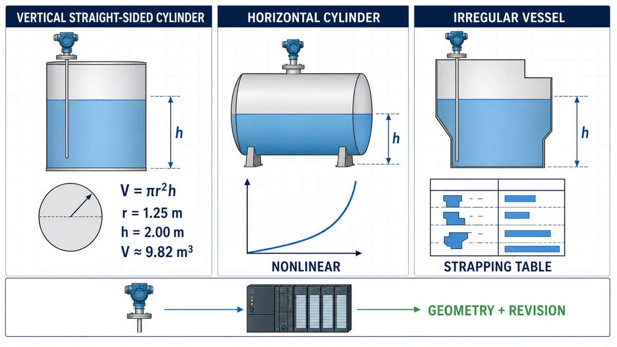 Level to volume comparison for a straight flat-bottom vertical cylinder horizontal cylinder and irregular vessel with a strapping table