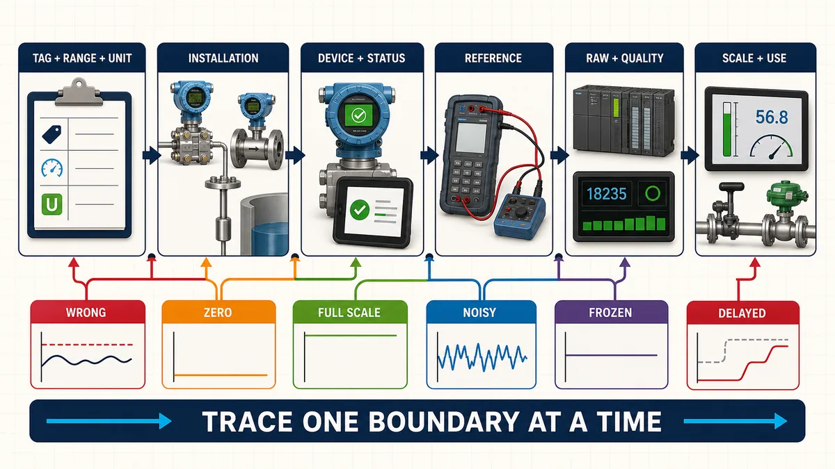 Process measurement commissioning and troubleshooting chain from tag range and installation through device status reference PLC raw quality scaling and symptom isolation
