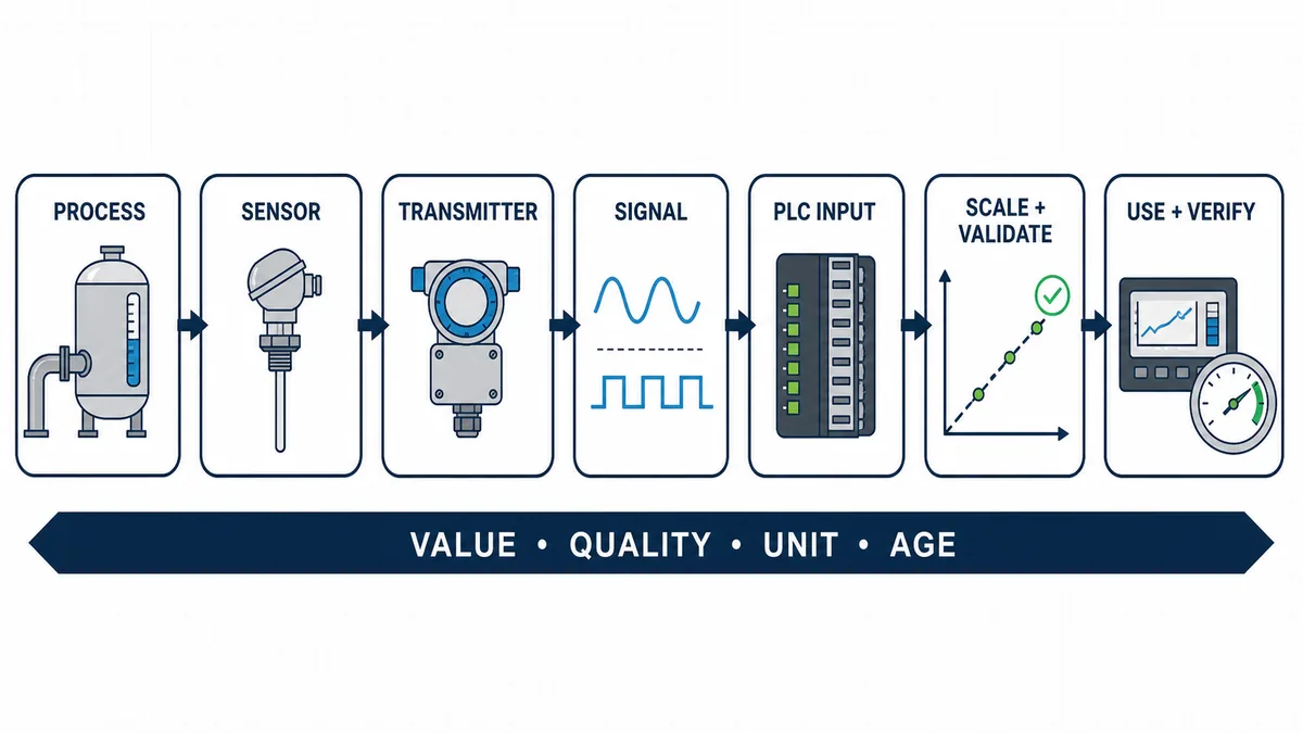 Seven-stage process measurement chain from physical process and sensor through transmitter signal PLC input scaling validation and independent verification