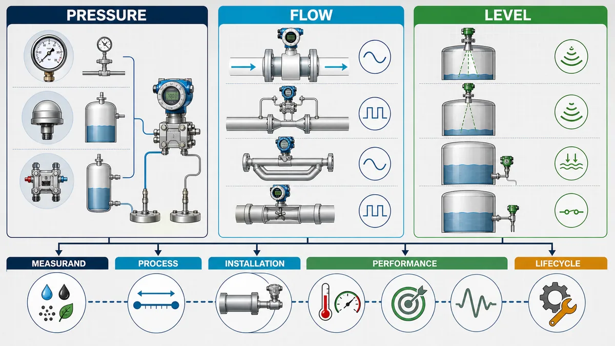 Pressure flow and level technology selection matrix driven by measurand process installation performance and lifecycle constraints