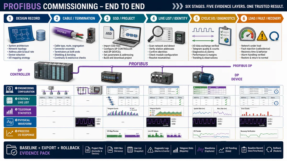 Six-stage PROFIBUS commissioning workflow with engineering live-list telegram waveform process and recovery evidence