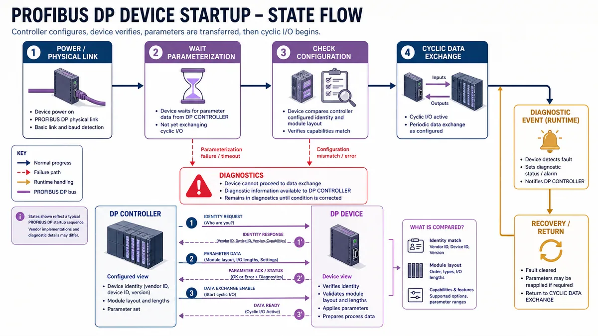 PROFIBUS DP device startup from physical link through parameterization and configuration to cyclic data exchange and diagnostics