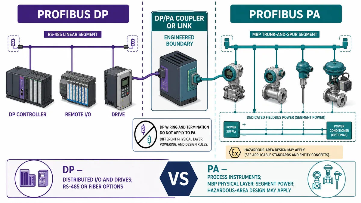 Engineered boundary between a PROFIBUS DP RS-485 segment and a powered PROFIBUS PA MBP trunk and spur segment