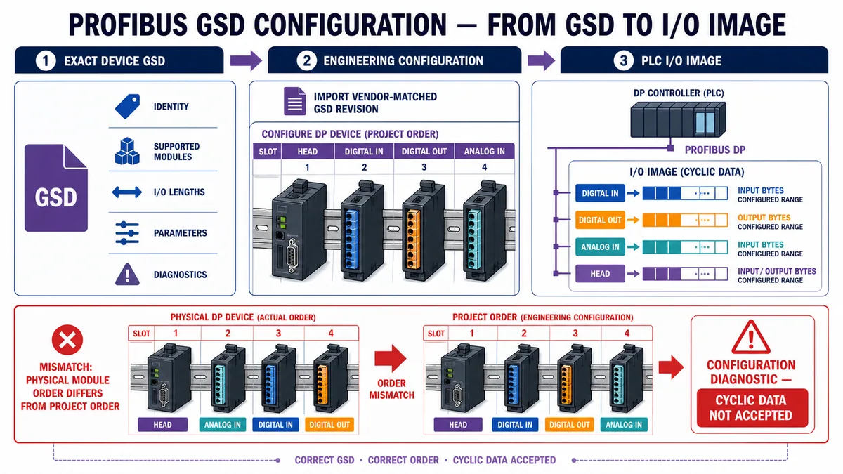PROFIBUS GSD identity modules lengths and parameters used to configure a DP device and PLC input output image