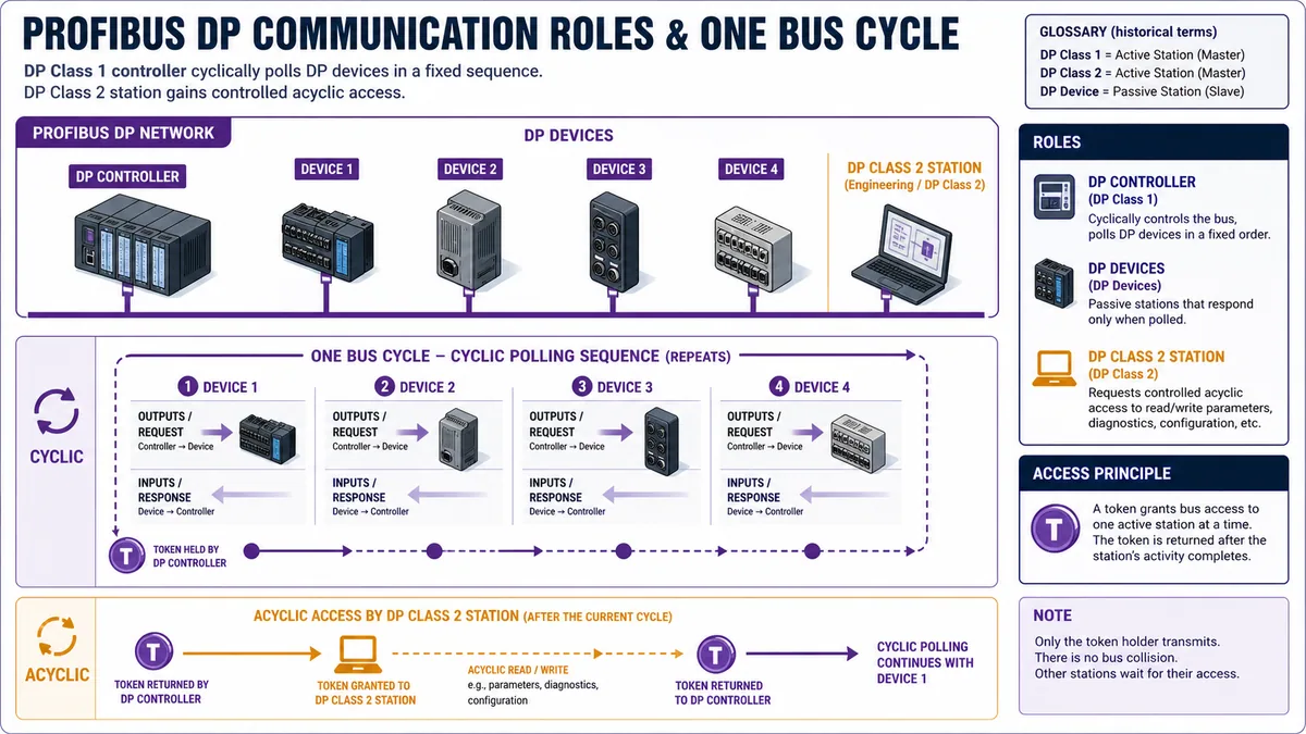 PROFIBUS DP controller cyclically polling four devices with controlled acyclic Class 2 station access