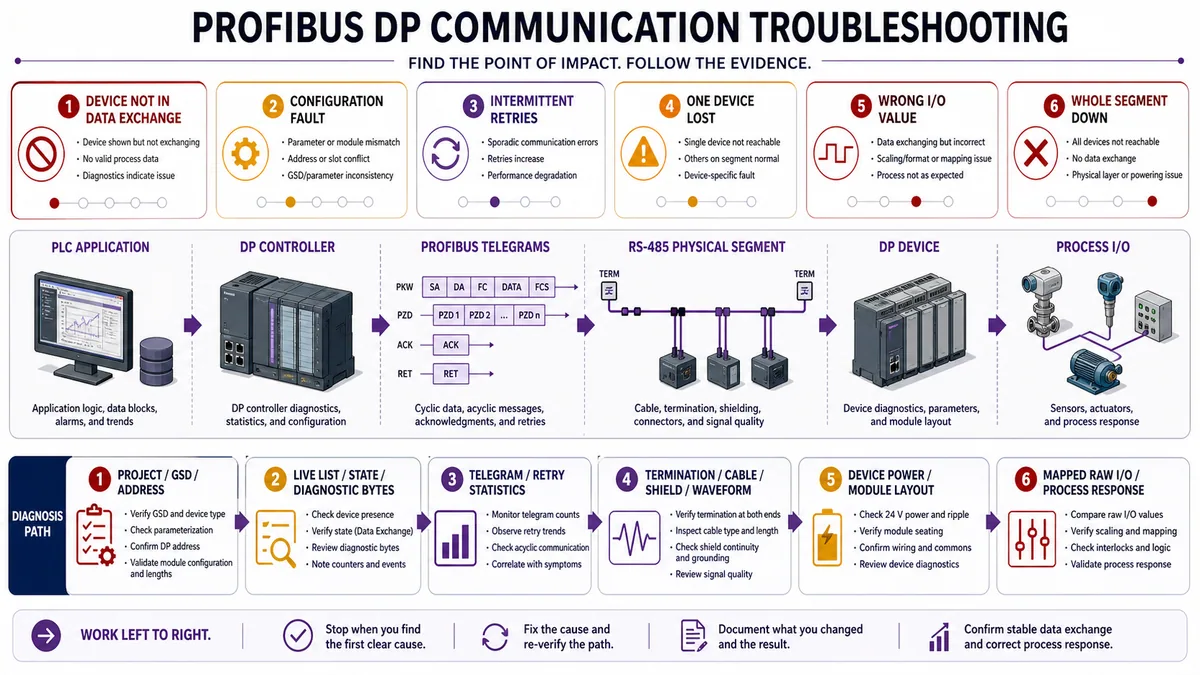 PROFIBUS troubleshooting evidence boundaries from PLC application through controller telegrams physical segment and device to process IO