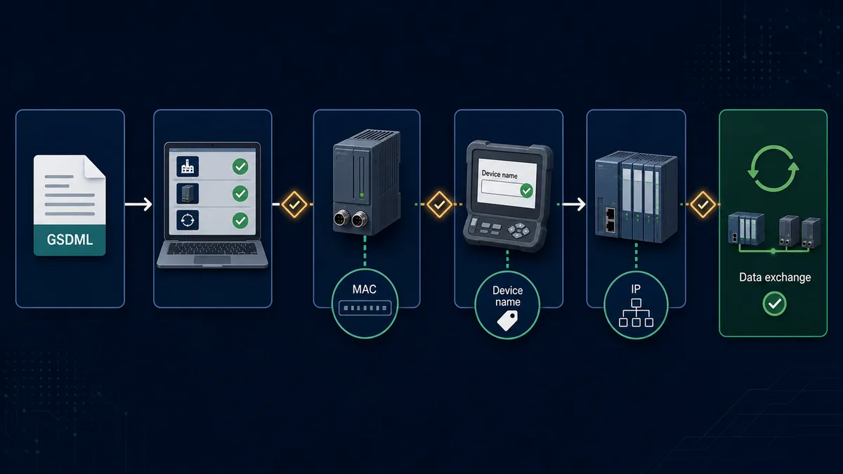 PROFINET commissioning workflow from GSDML selection through MAC discovery station-name assignment IP verification and data exchange
