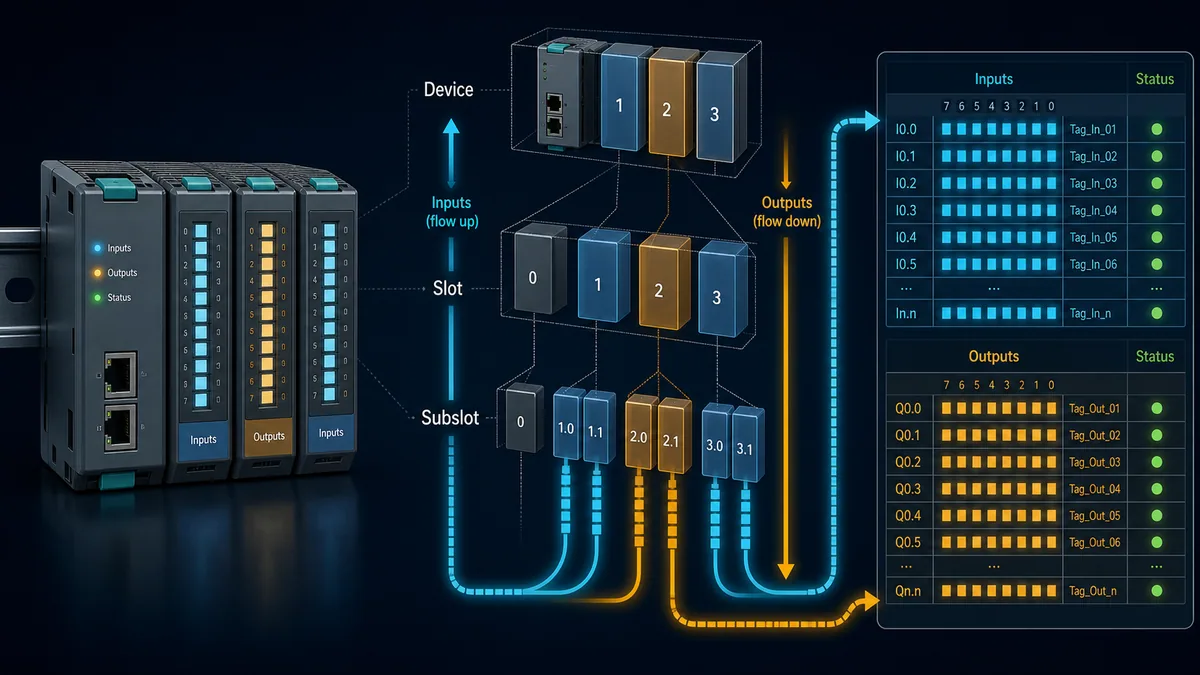 PROFINET modular IO Device decomposed into slots and subslots mapped to PLC input and output process data with status