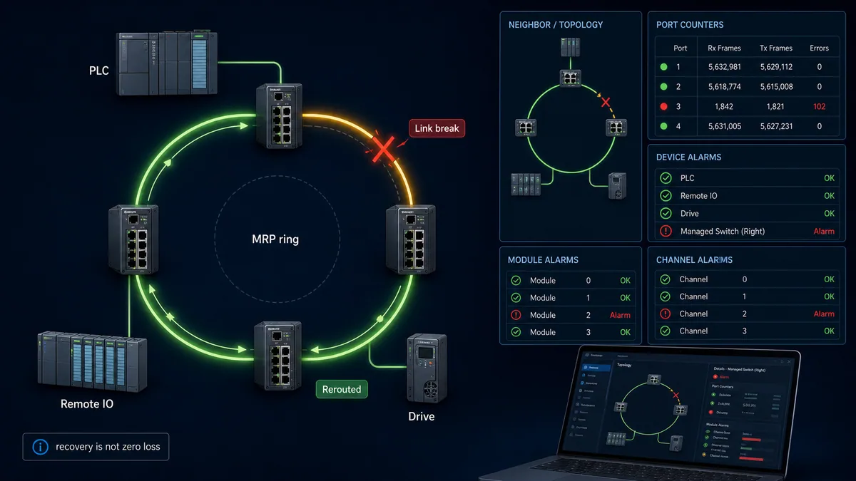 PROFINET MRP ring rerouting around a link break with neighbor port device module and channel diagnostic evidence