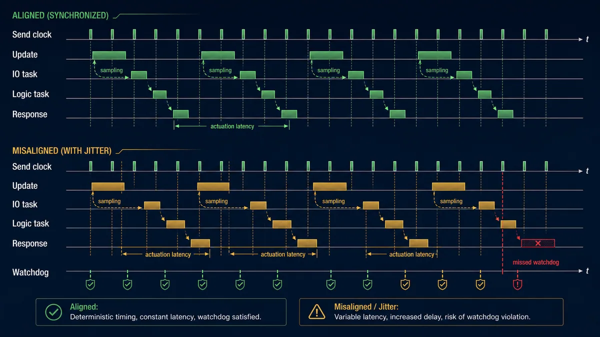 Conceptual PROFINET timing tracks for send clock update interval IO task PLC logic response latency jitter and watchdog boundary