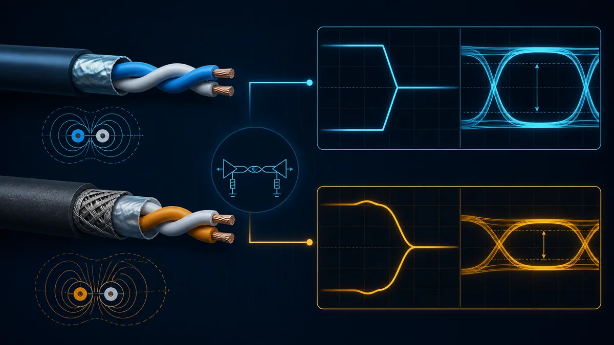 Low-capacitance balanced cable preserving an RS-485 eye compared with rounded degraded edges
