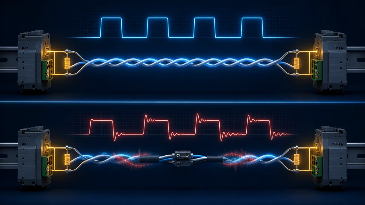 Healthy matched RS-485 cable and end networks compared with a mismatched splice producing reflections