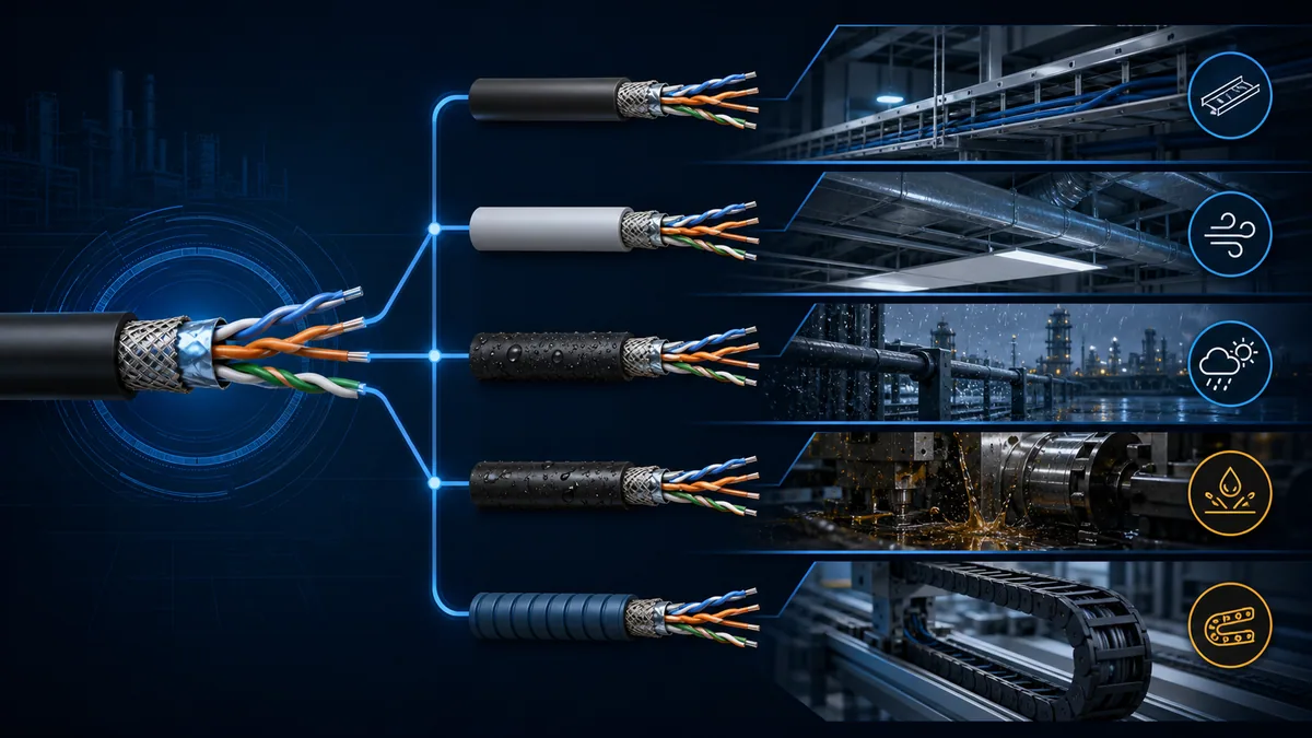 RS-485 cable jacket variants shown for tray, plenum, outdoor wet, oil and flex-chain environments