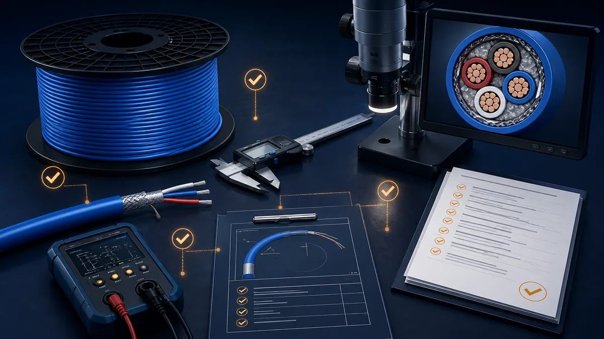 RS-485 cable reel undergoing documentation, dimensional, conductor and electrical receiving checks