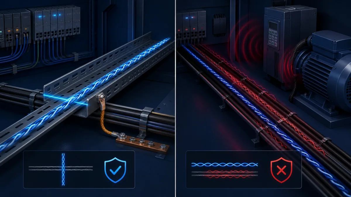 Separated RS-485 tray route crossing power at a right angle compared with parallel routing beside a VFD motor cable