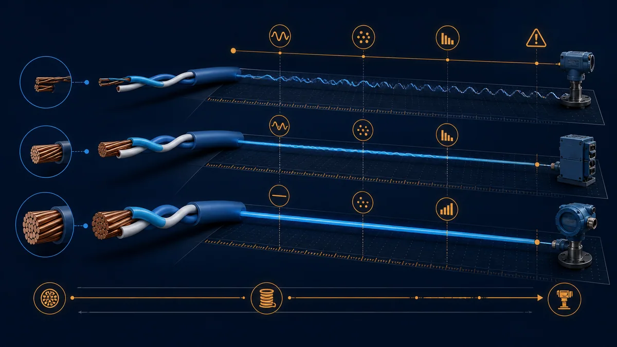 Different twisted-pair conductor gauges compared across installed lengths and field devices