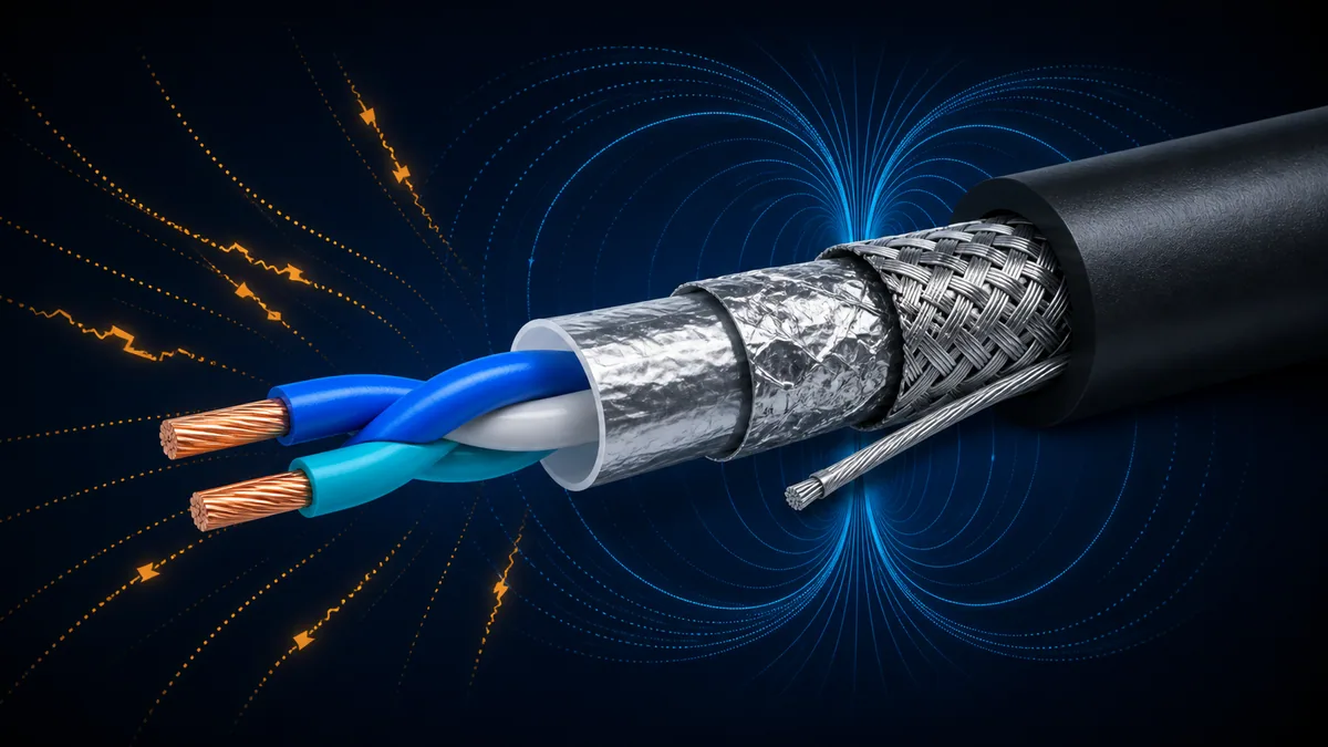Exploded industrial data cable with twisted copper pair, foil, braid, drain and outer jacket