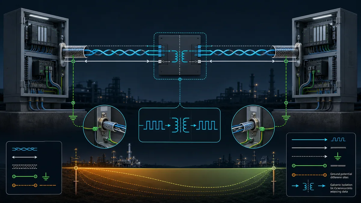 Separated industrial cabinets linked by shielded RS-485 with reference, bonding and galvanic isolation concepts