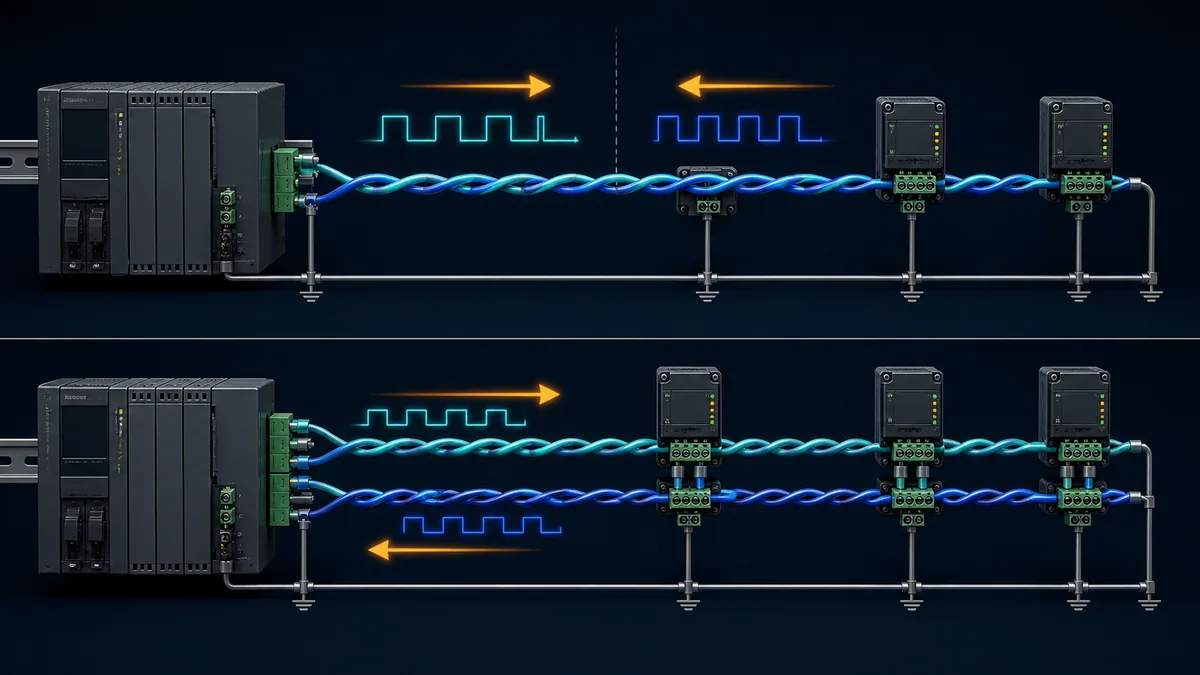 Visual comparison of shared-pair half-duplex RS-485 and separate-pair full-duplex RS-485