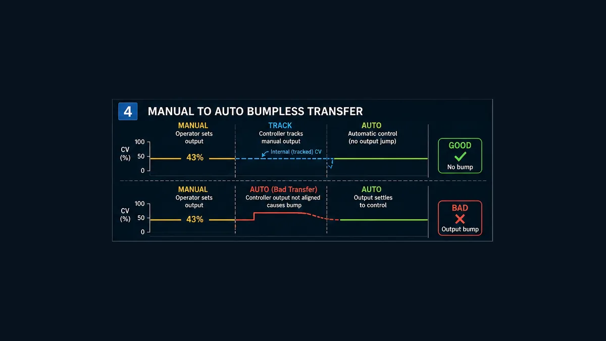 Manual to automatic PID transfer showing a controller tracking 43 percent for a bumpless transition and a contrasting bad output step