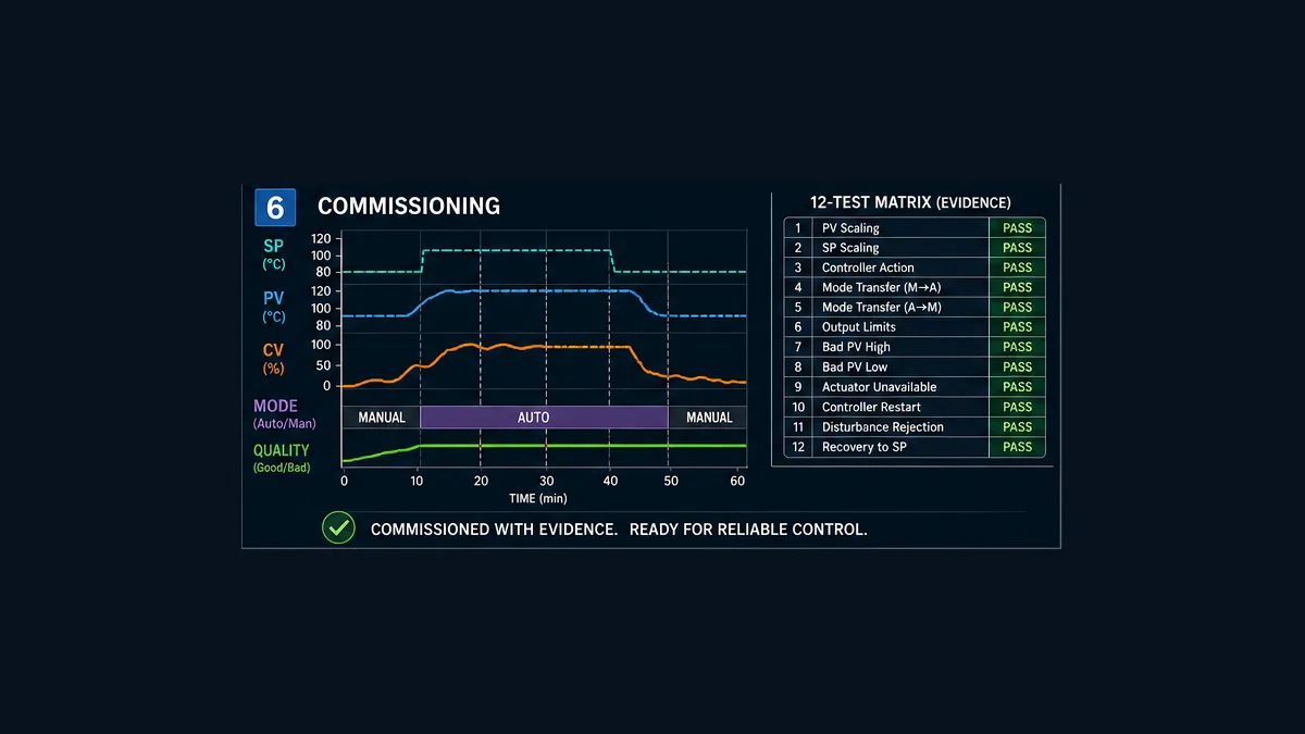 PID commissioning dashboard with synchronized SP PV CV mode quality trends and twelve passed test rows