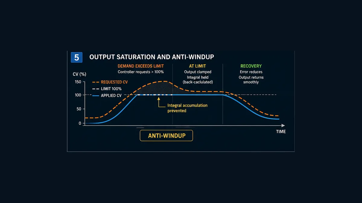 PID output saturation trend showing requested CV above a 100 percent limit applied CV clamped and anti-windup recovery