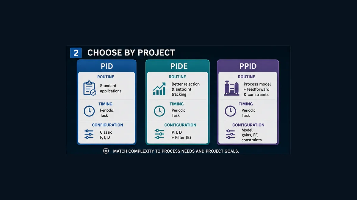 Conceptual comparison cards for Studio 5000 PID PIDE and PlantPAx PPID selection by project needs