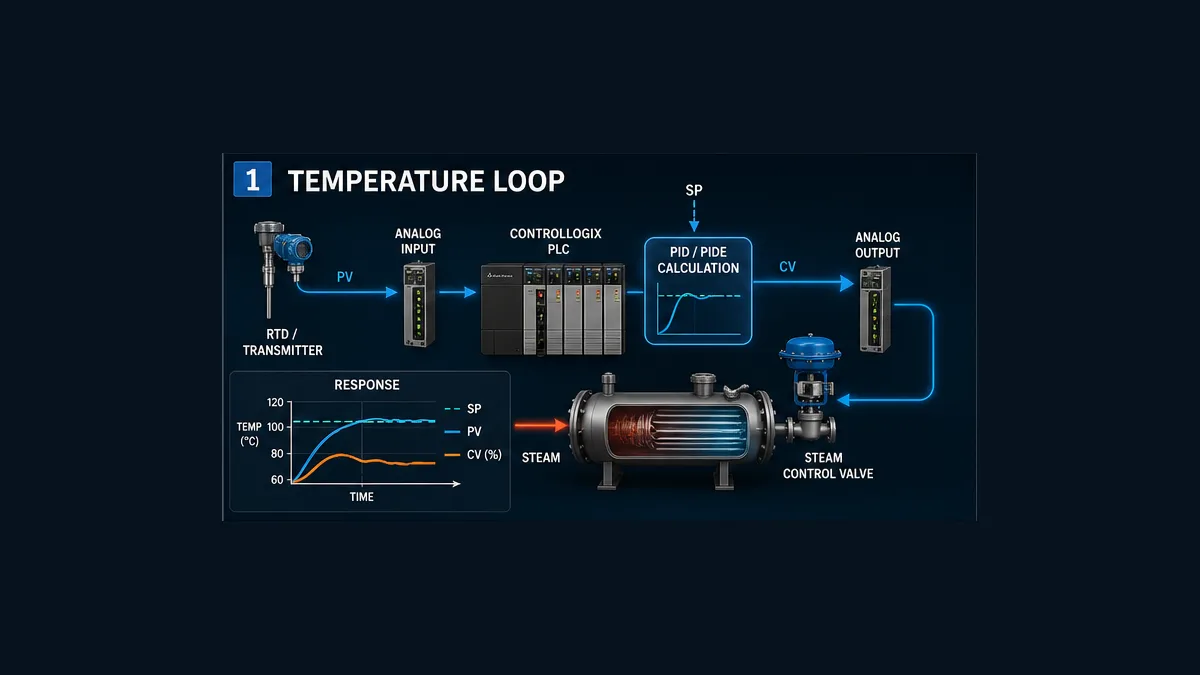 Conceptual Studio 5000 temperature loop showing transmitter, Logix controller, PID or PIDE calculation, analog output, steam valve, heat exchanger and SP PV CV trend