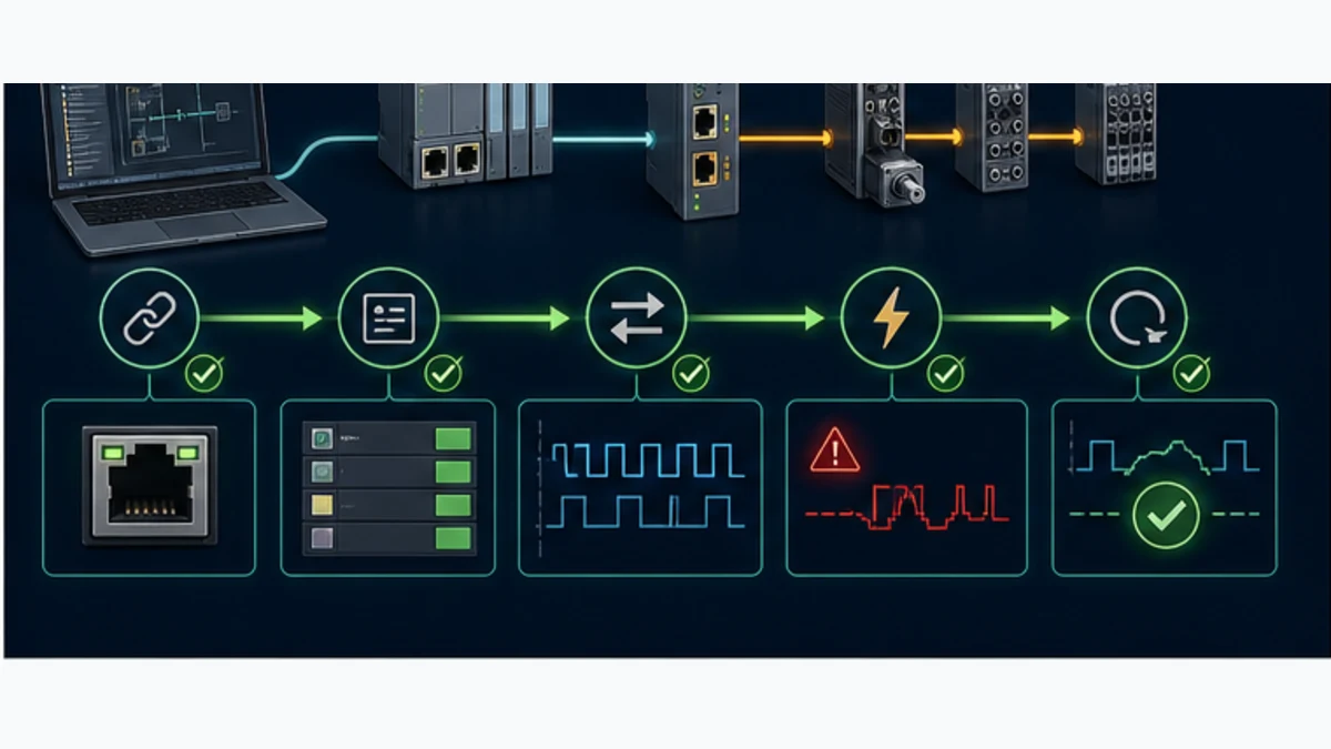 Layered S7-1200 EtherCAT commissioning sequence from physical link and identity through cyclic mapping fault injection and recovery